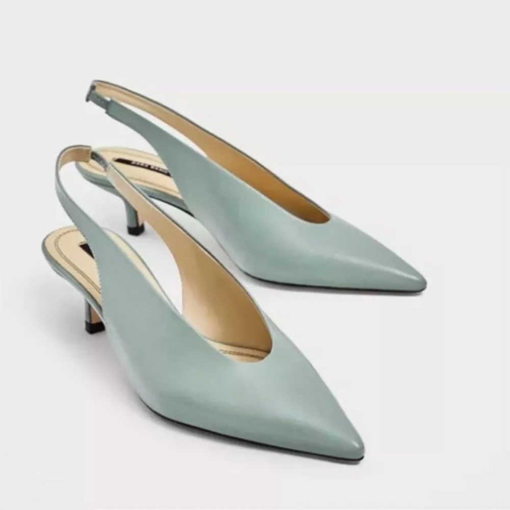 NEW Zara blue leather slingback kitten heels